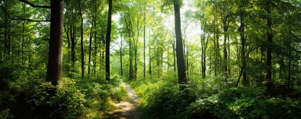 Obraz premium A lush, green forest with tall trees and sunlight filtering through the leaves, creating an enchanting natural landscape