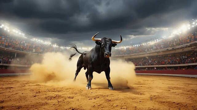 Charging bull in a dramatic arena, spectators watching.  Possible use Stock photo for bullfighting or sports