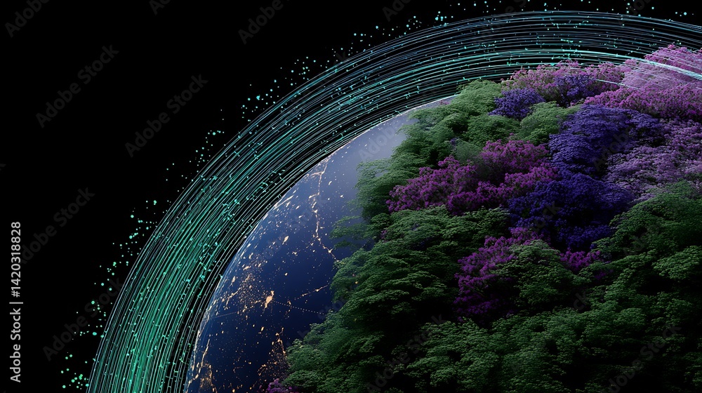 Poster thriving biome globe with orbiting tech streams representing global network communication flow.