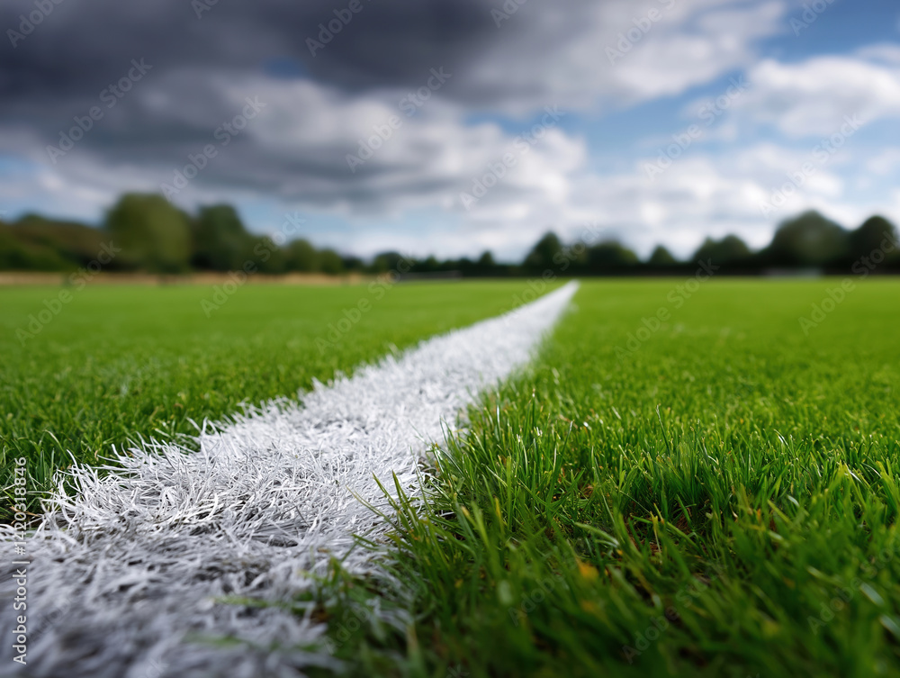 Poster grass field with a painted line in a park setting under cloudy skies during the day