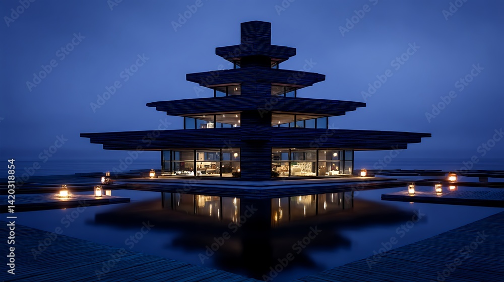 Poster tiered architecture in tranquil evening reflection