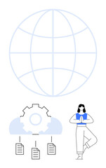Large globe above a cloud-based gear with documents connected below and a person in a yoga pose. Ideal for tech innovation, balance, communication, mindfulness, global networking, automation