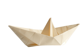 A delicate origami sailboat, crafted from creamy paper, floats on an imagined sea of possibilities, its simple elegance hinting at journeys yet to be taken. Soft light enhances its detailed folds.