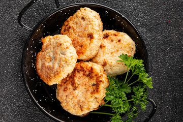Meat cutlets pork, beef, chicken, lamb fried meat dish fresh delicious gourmet food background on the table rustic food top view copy space