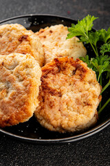 Meat cutlets pork, beef, chicken, lamb fried meat dish fresh delicious gourmet food background on the table rustic food top view copy space
