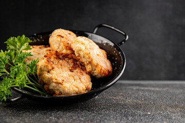 Meat cutlets pork, beef, chicken, lamb fried meat dish fresh delicious gourmet food background on the table rustic food top view copy space