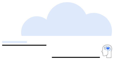 Large soft blue cloud above stylized head with brain and heart elements. Ideal for creativity, mindfulness, innovation, reflection, cloud computing, mental health, emotional intelligence. Flat simple