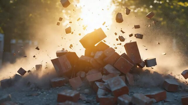 Explosion of bricks scattering in the air with dust and debris, illuminated by bright sunlight in a dramatic construction site scene

