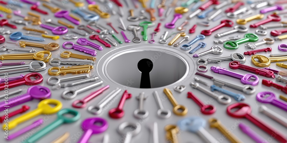 Poster a close up of many keys, some of which are missing, and one of which is a keyhole. concept of myster