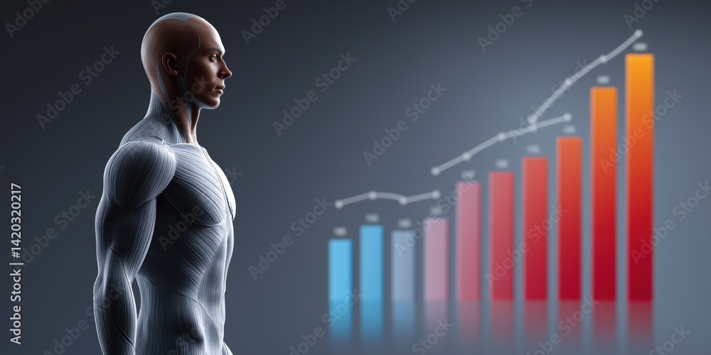 Aufkleber a man stands in front of a graph with a red line that is rising. the man is wearing a silver suit an