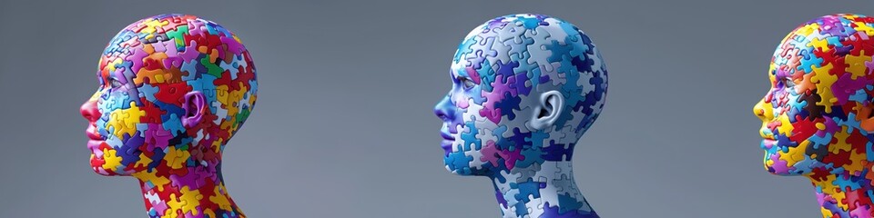 Three people with colorful faces made of puzzle pieces. The faces are all different colors and sizes, and they are arranged in a row. Concept of creativity and individuality