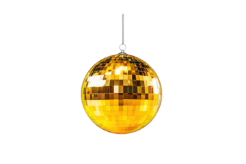 A golden disco ball hanging, ready to illuminate a joyous celebration, shimmering with festive cheer against a bright white background.