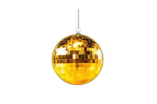 A golden disco ball hanging, ready to illuminate a joyous celebration, shimmering with festive cheer against a bright white background.