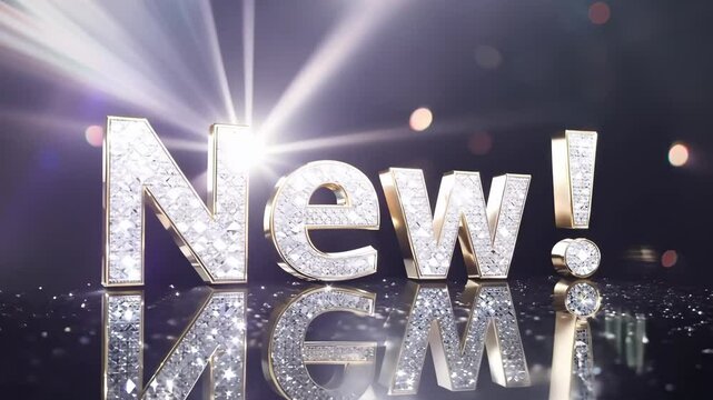 The word "New!" in diamond-encrusted luxury font under soft spotlight with bokeh effect on black shimmering background. Concept for glamorous premium announcement