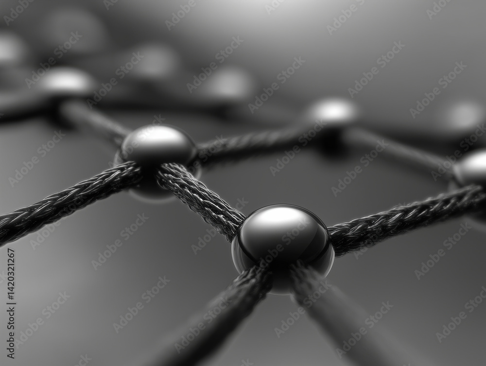 Poster close-up view of interconnected black ropes and metallic nodes in abstract design