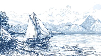 Tranquil Sailboat on Serene Lake Surrounded by Majestic Mountains