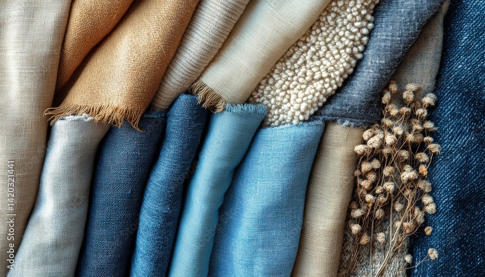 Poster Various textile fabrics showcasing a range of colors and textures arranged for a visual display in a design studio on a sunny afternoon