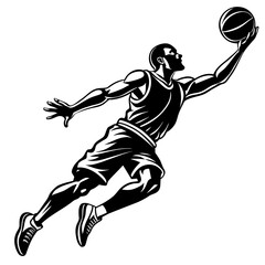 Black and white vector icon of a basketball player jumping with the ball