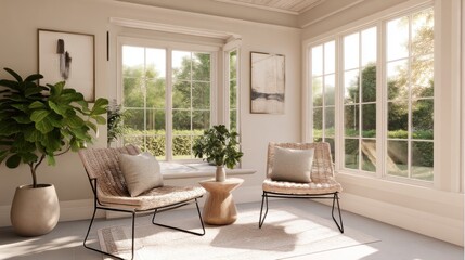 Minimal sunroom with two chairs and neutral palette  