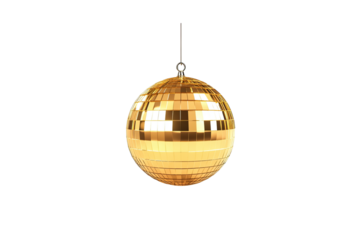 A dazzling golden disco ball hangs ready to illuminate a vibrant party, promising a night of unforgettable fun and energetic dancing against a clean white background.