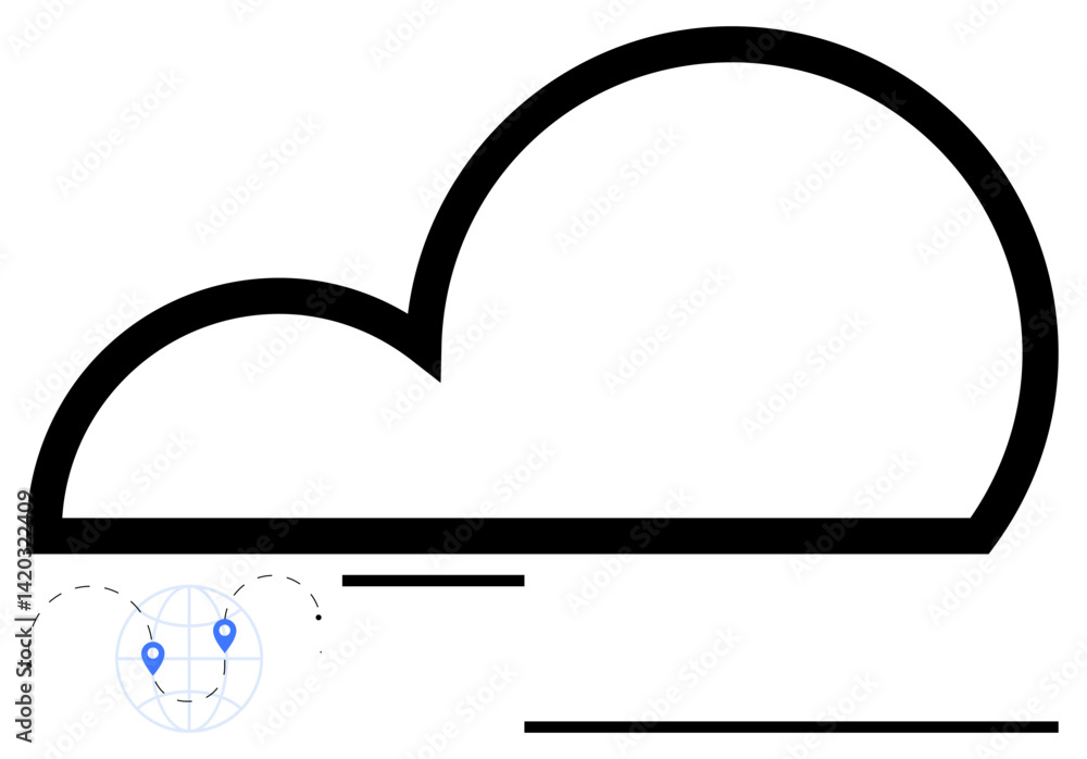 Poster stylized cloud with thin lines and smaller globe structure featuring pin markers. ideal for data sto