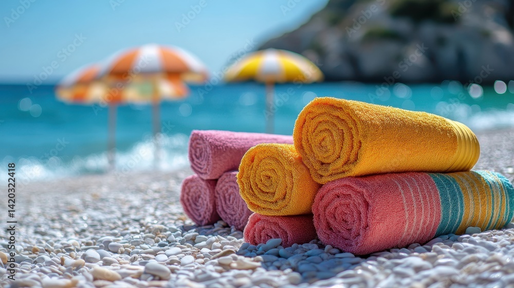 Poster colorful umbrellas line the shore on a sunny day at the beach with clear turquoise waters and gentle
