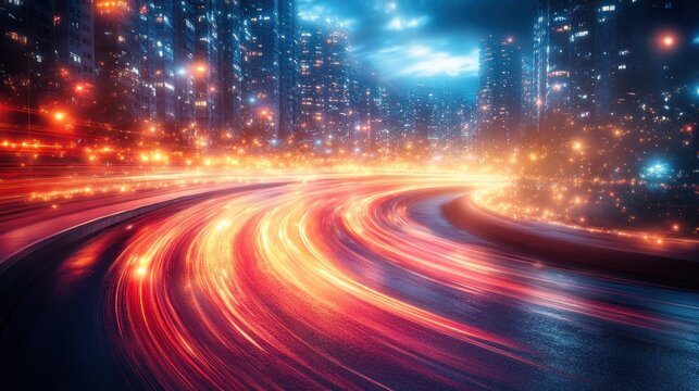 City night traffic light trails, fast blur, skyscrapers background, transport concept