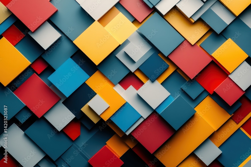 Poster colorful abstract geometric shapes create a vibrant mural in an urban setting with bold red, blue, y