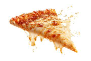 Hot Slice of Melting Cheese Pizza with Dripping Mozzarella Isolated on Transparent Background
