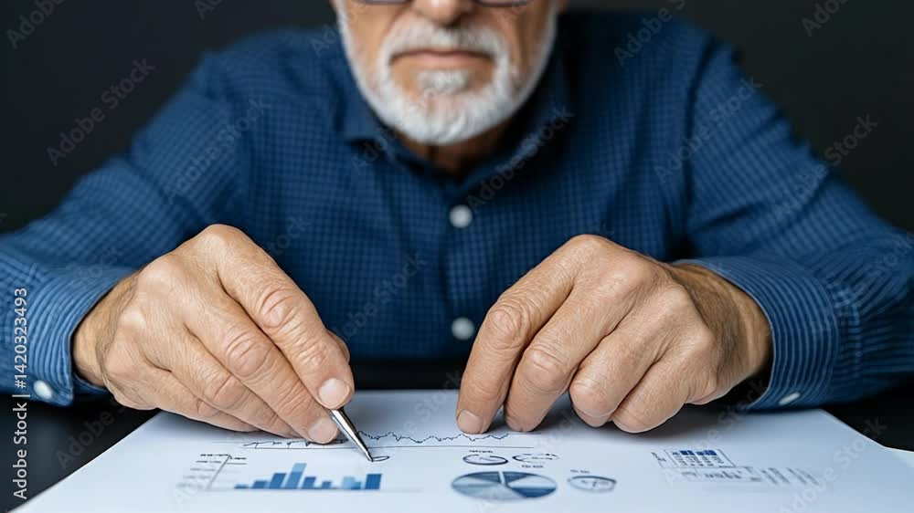Poster senior man analyzing financial charts and graphs with pen on table against dark background