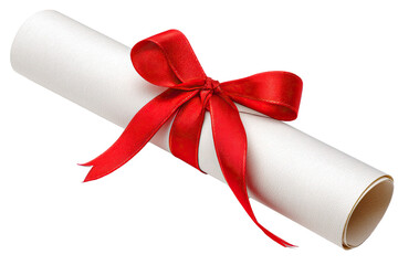 A rolled diploma tied with a vibrant red ribbon, symbolizing achievement and the culmination of hard work and dedication against a clean white background.