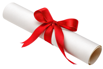 A rolled diploma tied with a vibrant red ribbon, symbolizing achievement and the culmination of hard work and dedication against a clean white background.