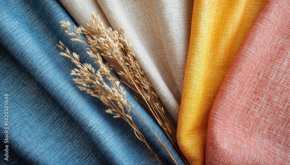 Poster Various textile fabrics showcasing a range of colors and textures arranged for a visual display in a design studio on a sunny afternoon