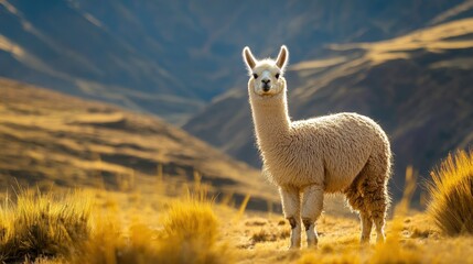 Fototapeta premium A beautiful llama standing majestically in a sunny mountain landscape
