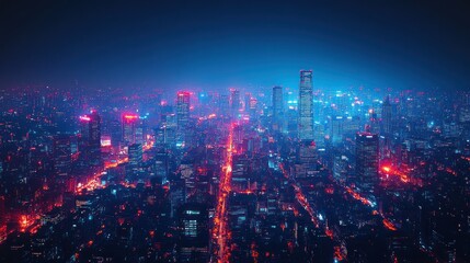 Fototapeta premium Cityscape night aerial view with illuminated streets and hazy skyline