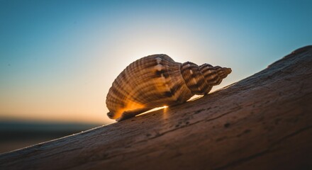 Seashell on weathered wood glows in the setting sun's warm light.