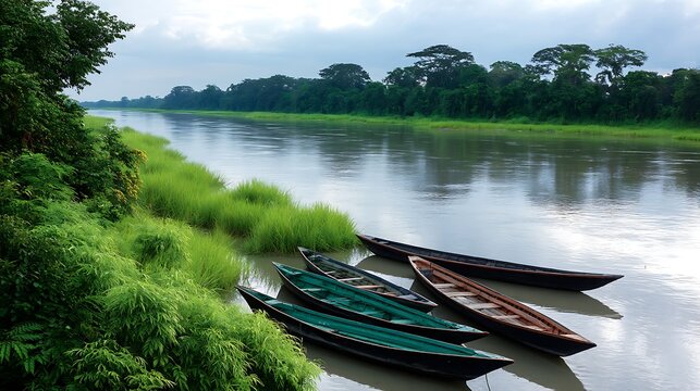 Tranquil River Scenery with Indigenous Canoes and Lush Green Banks Along a Tropical Waterway.