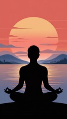 "Sunset meditation yoga silhouette by the lake &ndash; Relaxing meditation yoga sunset illustration &ndash; Peaceful meditation yoga artwork with sunset background"


