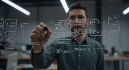 Man drawing diagram on glass wall in an office with natural lighting.