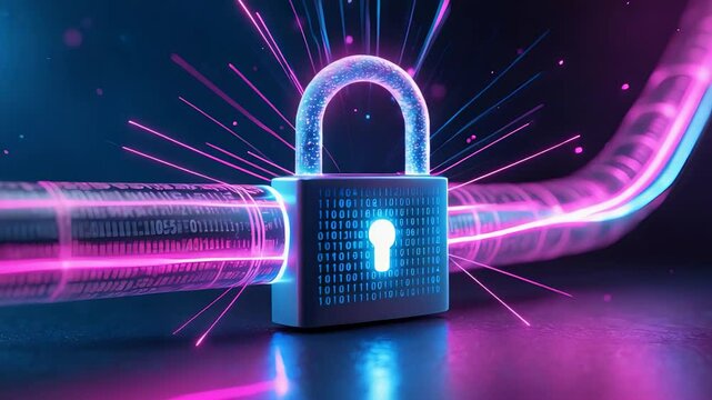 Futuristic digital lock with glowing blue keyhole and dynamic light streaks, symbolizing secure data transmission and advanced cybersecurity technology


