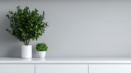 Minimalist Interior Design with Greenery: Potted Plants on White Surface Against a Simple Gray Backdrop.