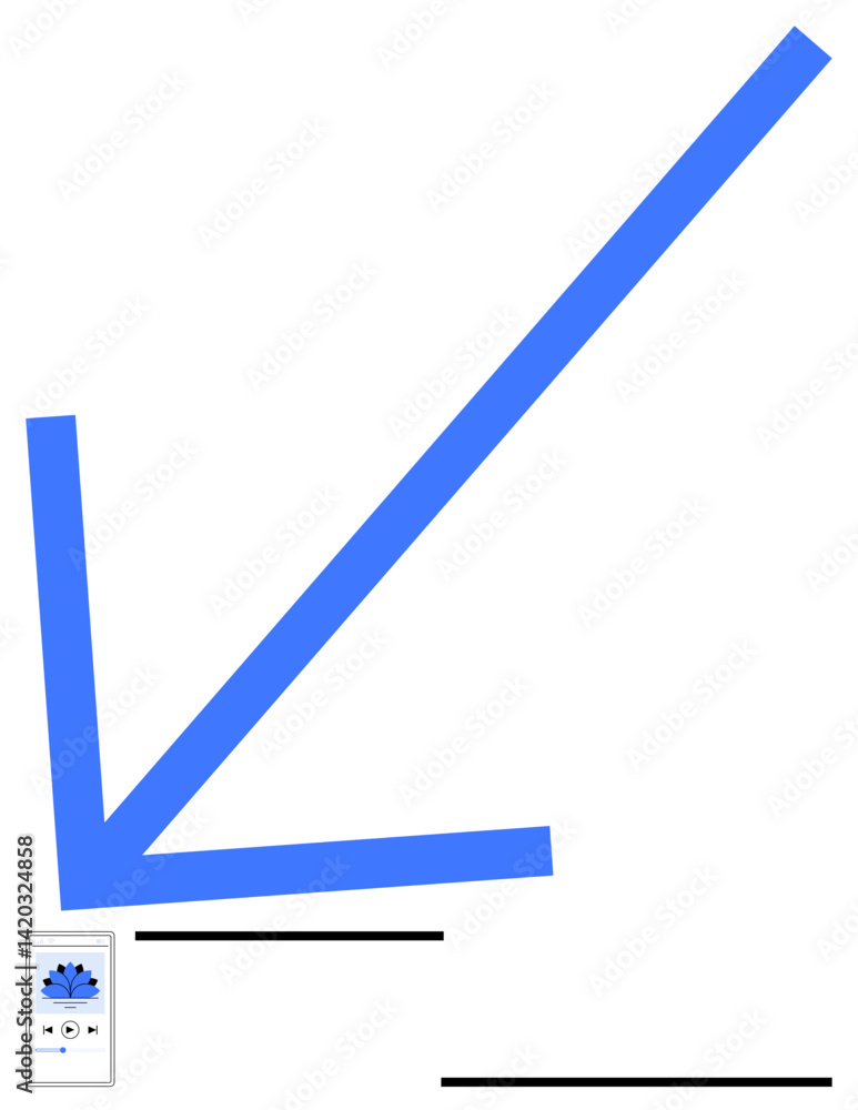 Poster large blue arrow pointing downward toward a smartphone with circular data visualization, complemente