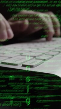 Creative visual of computer programming coding and software development shown by man working on computer keyboard with overlay of computer graphic displaying abstract program codes and computer script