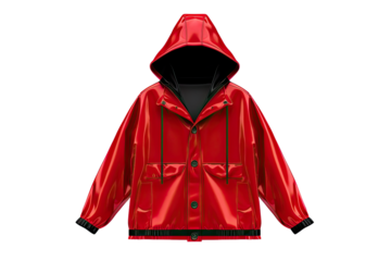 A bold red hooded jacket, shiny and stylish, perfect for a rainy day adventure or a night out, boasting a sleek, modern design with a contrasting black hood.