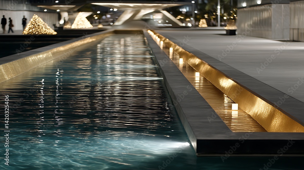 Poster tranquil water feature reflection with illuminated architecture in urban setting at night.