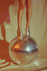 Bold fashion statement at a vibrant party with disco ball reflecting colorful lights from the evening atmosphere