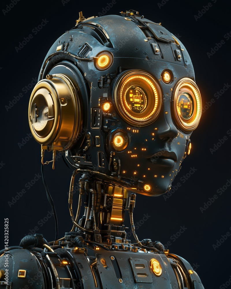 Aufkleber a futuristic robot with glowing orange eyes and intricate circuitry. the robot has a sleek metallic 