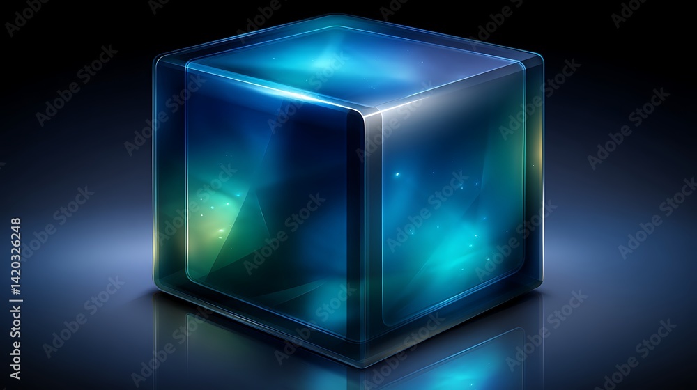 Poster translucent blue cube with abstract light effects design for tech visualizations and presentations.