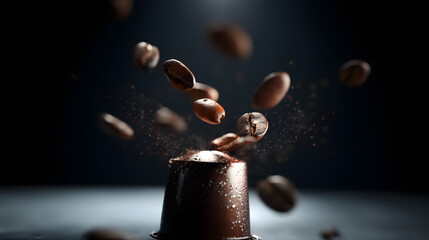 Coffee Bean Cascade: Capturing the dynamic moment of coffee beans cascading down, swirling around a single coffee pod, the image conveys the fresh and aromatic essence of the daily ritual. 