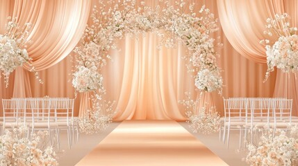 A beautiful wedding ceremony decorated with soft peach and white florals